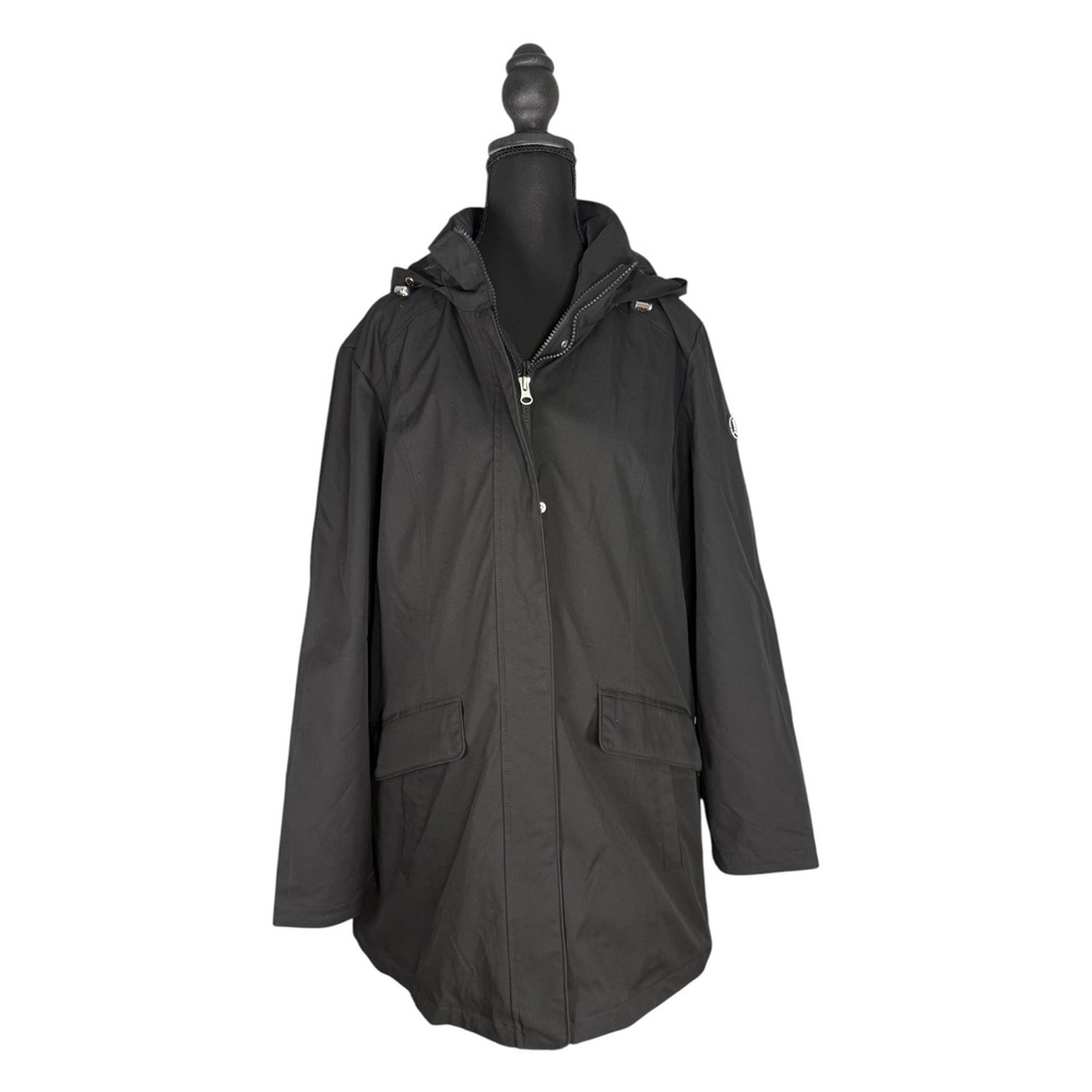 Lands End Womens XL Black Hooded Parka Jacket Full Zip Snap Front Rain Coat